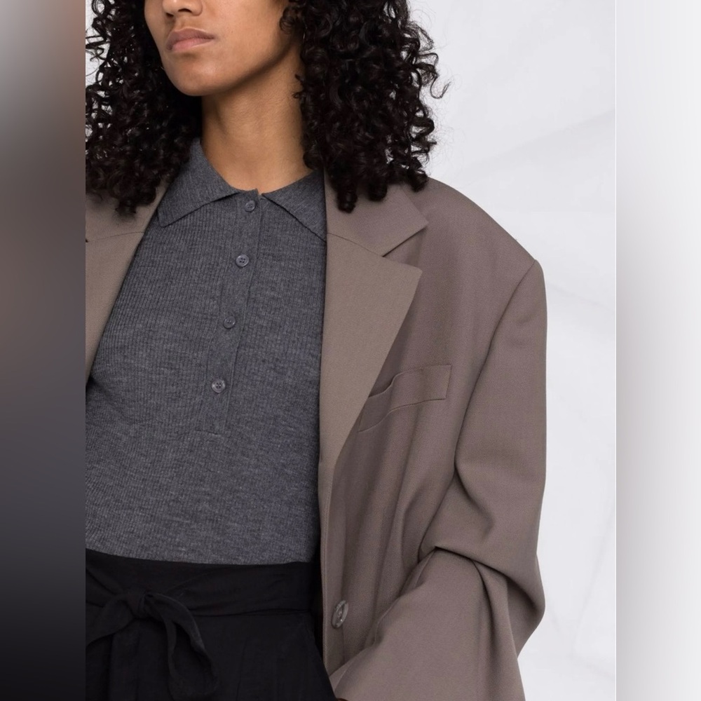 12Storeez Merino-Wool Dark Gray Long-Sleeve Polo Knit Top